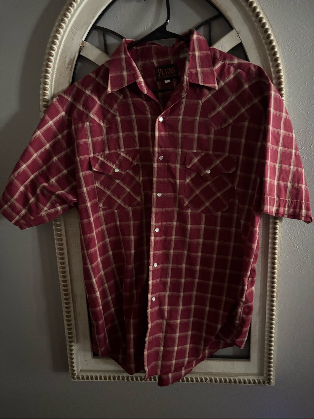 Plains Men’s Burgundy Plaid Short-Sleeve Button-Down Shirt Vintage